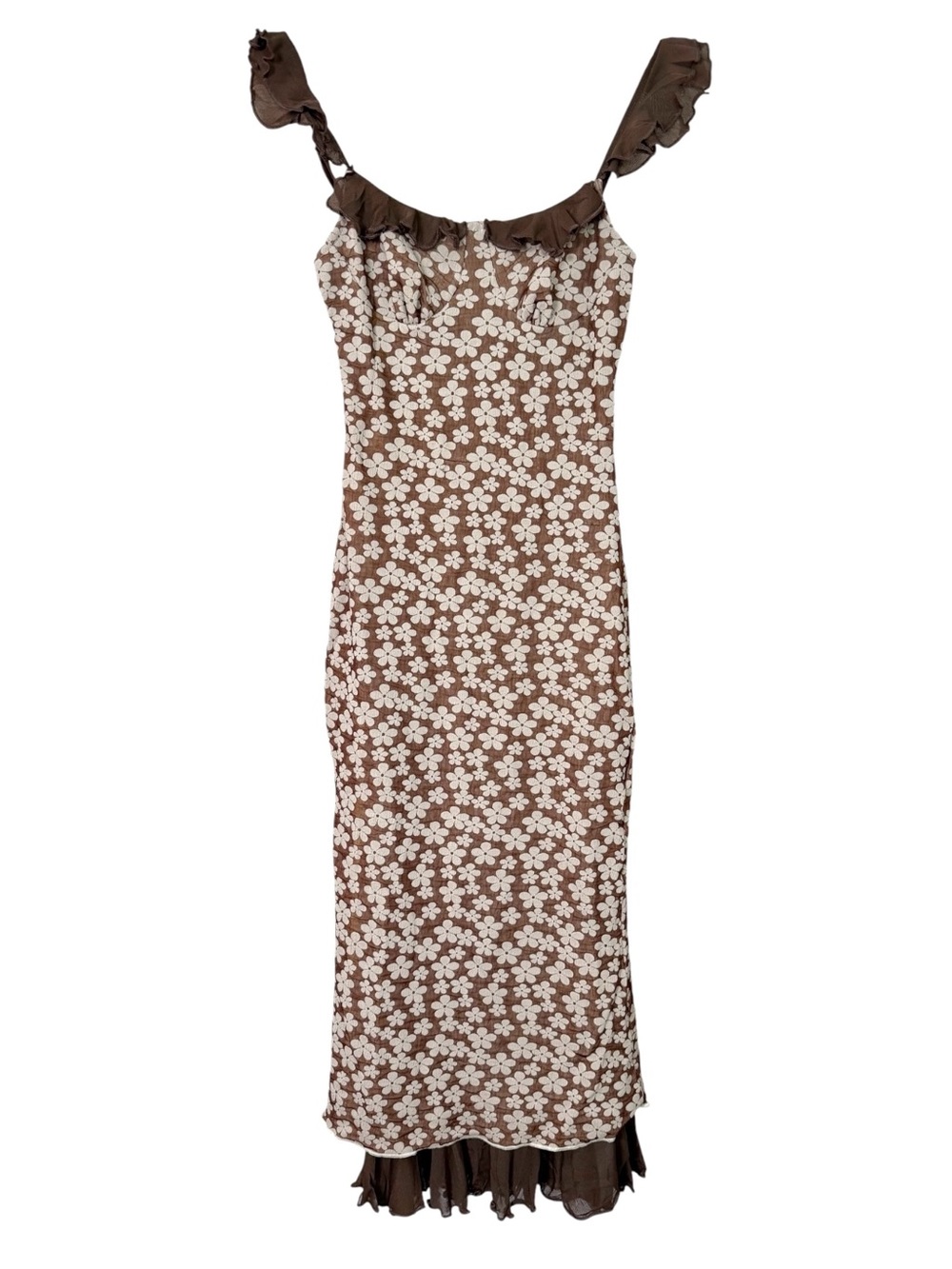 Commense Brown Daisy Floral Mesh Ruffle Midi Dress XS NWT Bodycon